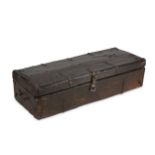 A 16TH / 17TH CENTURY SPANISH CUIR BOUILLI AND IRON BOUND CASKET / DOCUMENT BOX