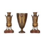 A LATE 19TH CENTURY FRENCH NEO-GREC GILT AND PATINATED BRONZE GARNITURE BY FERDINAND BARBEDIENNE, DE