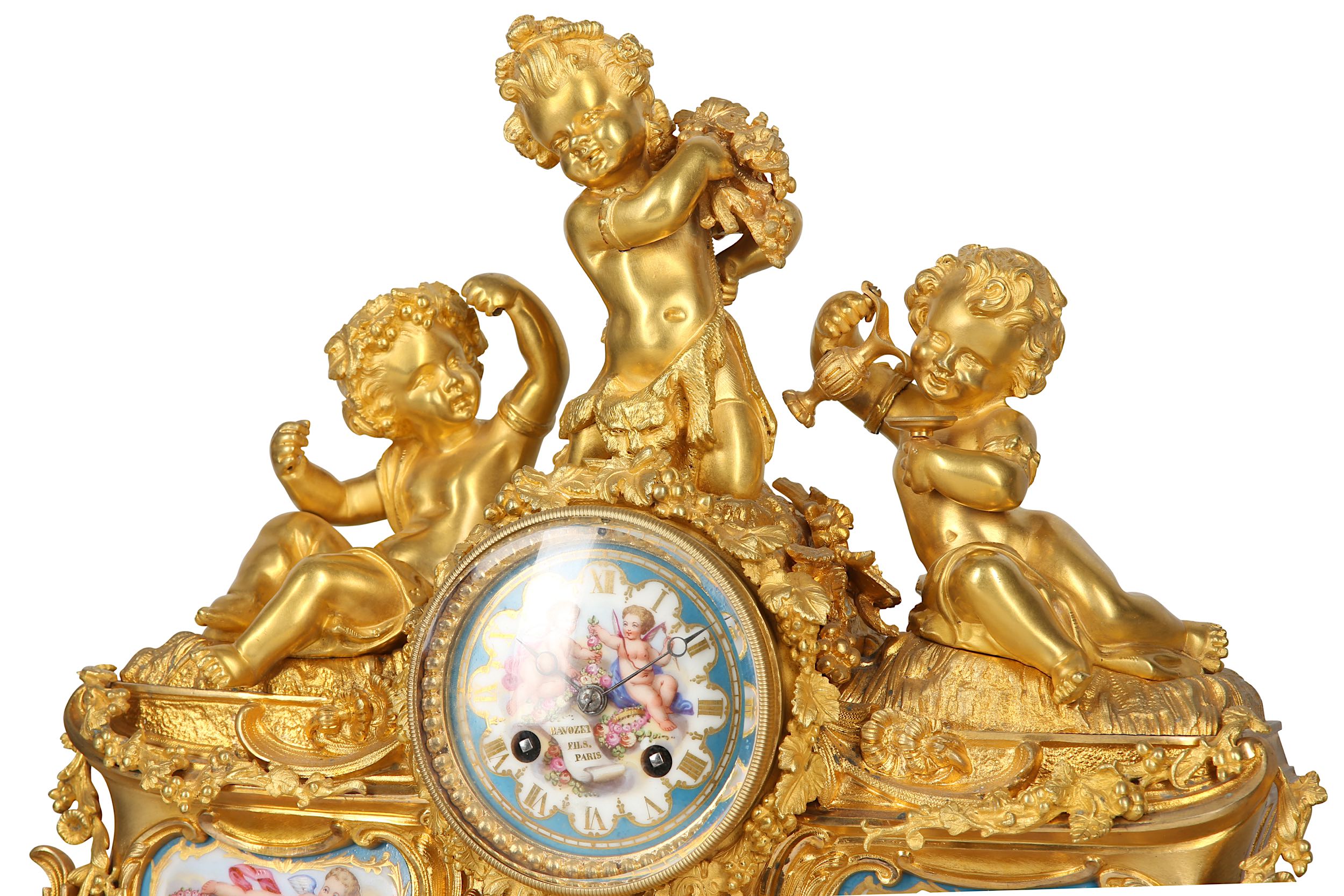 A FINE MID 19TH CENTURY FRENCH GILT BRONZE AND PORCELAIN FIGURAL MANTEL CLOCK BY BAVOZET & FILS, PAR - Image 10 of 11