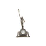 A 1930'S SILVERED METAL MANTEL CLOCK DEPICTING A VICTORIOUS ROWER SIGNED J.W. BENSON, LONDON