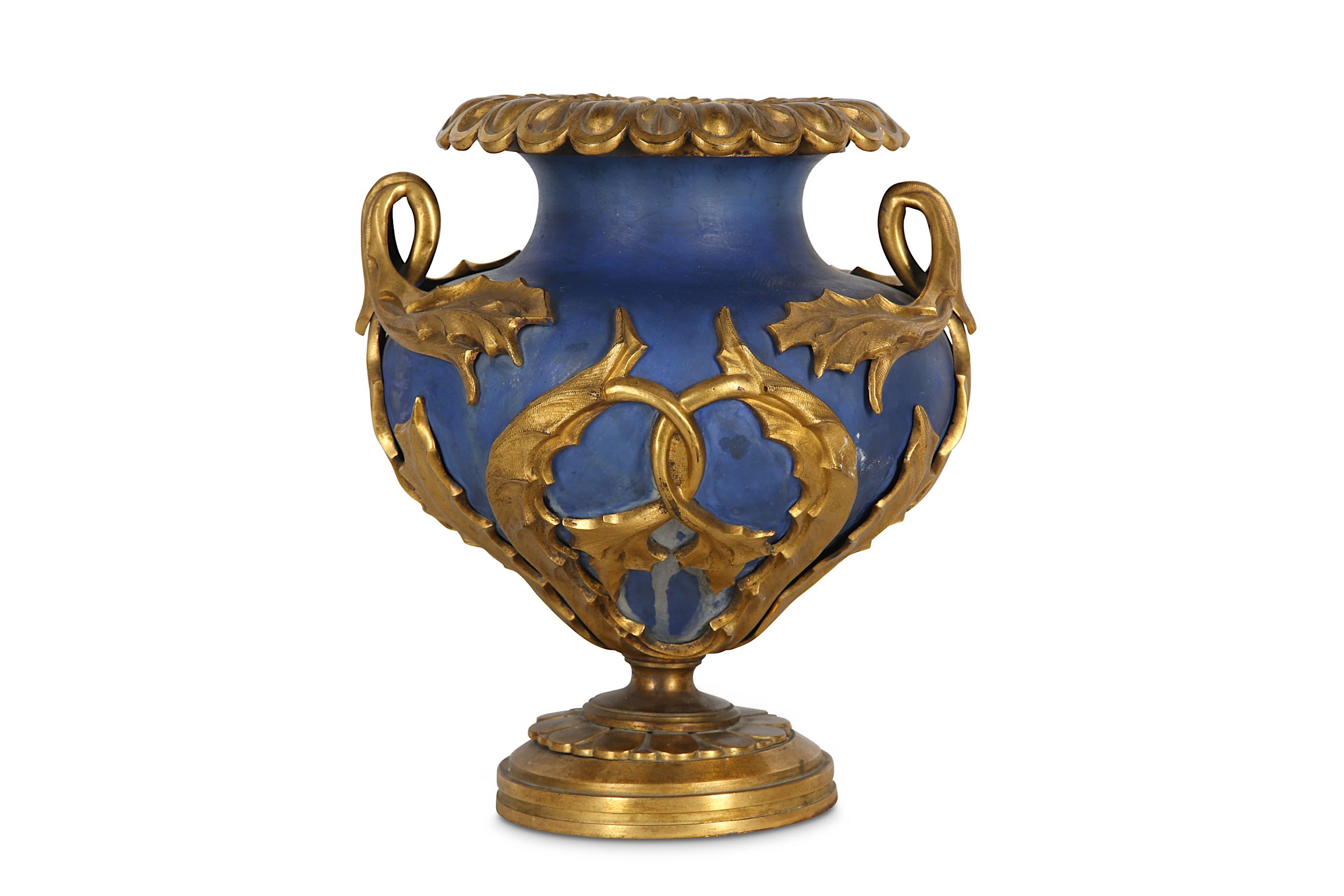 A LOUIS XVI STYLE BLUE PORCELAIN AND GILT BRONZE MOUNTED URN - Image 3 of 4