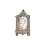 A LATE 19TH CENTURY VIENNESE SILVERED METAL AND ENAMEL BOUDOIR CLOCK