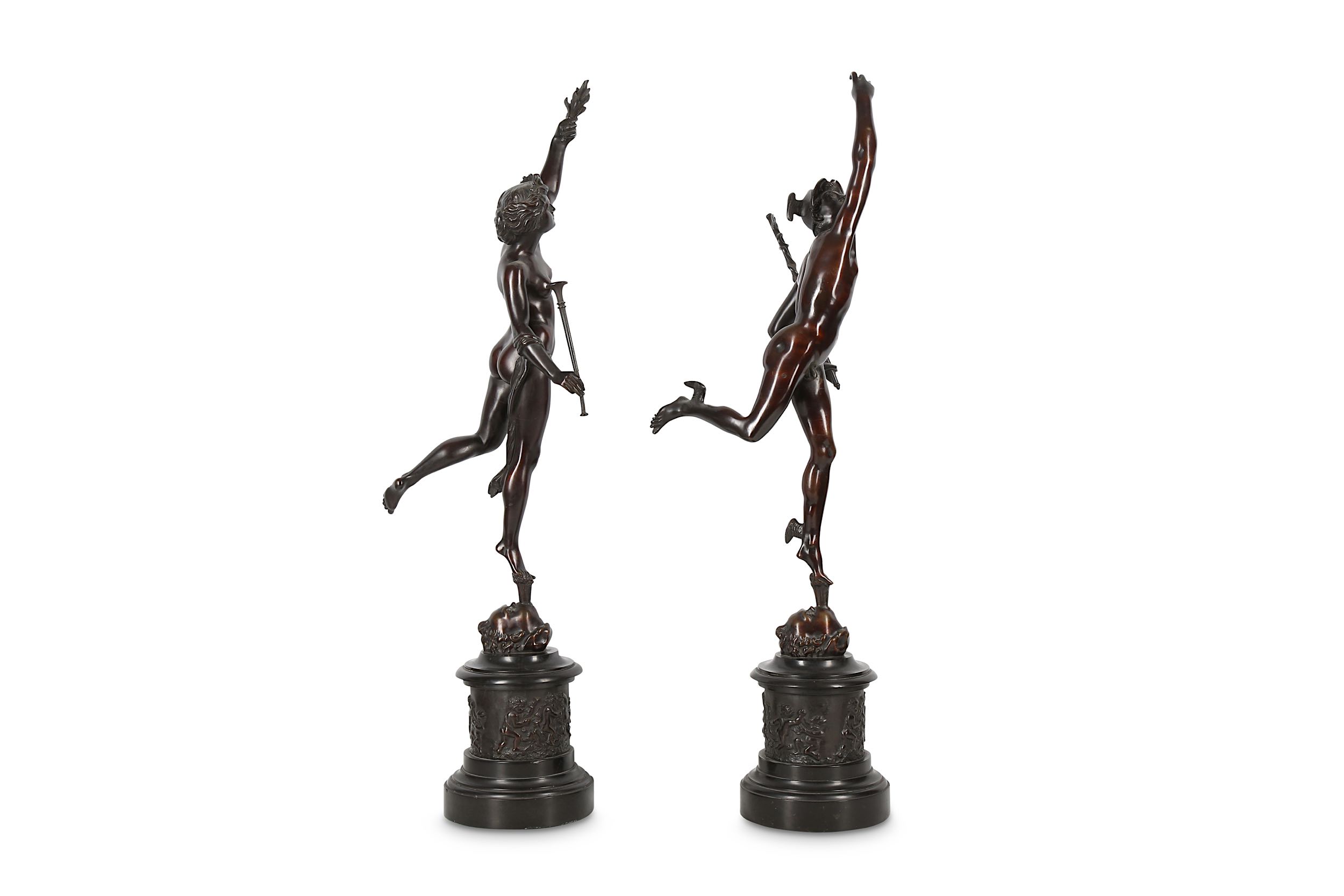 AFTER GIAMBOLOGNA (ITALIAN, 1529-1608): A PAIR OF LATE 19TH CENTURY BRONZE FIGURES OF MERCURY AND FO - Image 4 of 9