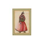 *A QAJAR WATERCOLOUR OF A STANDING MAIDEN PROPERTY
