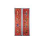 A PAIR OF CHINESE EMBROIDERED 'EIGHT IMMORTALS' RED SILK PANELS.