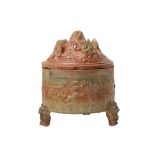 A CHINESE POTTERY TRIPOD INCENSE BURNER AND COVER.