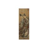 A CHINESE PAINTING OF LADIES ON STUCCO.