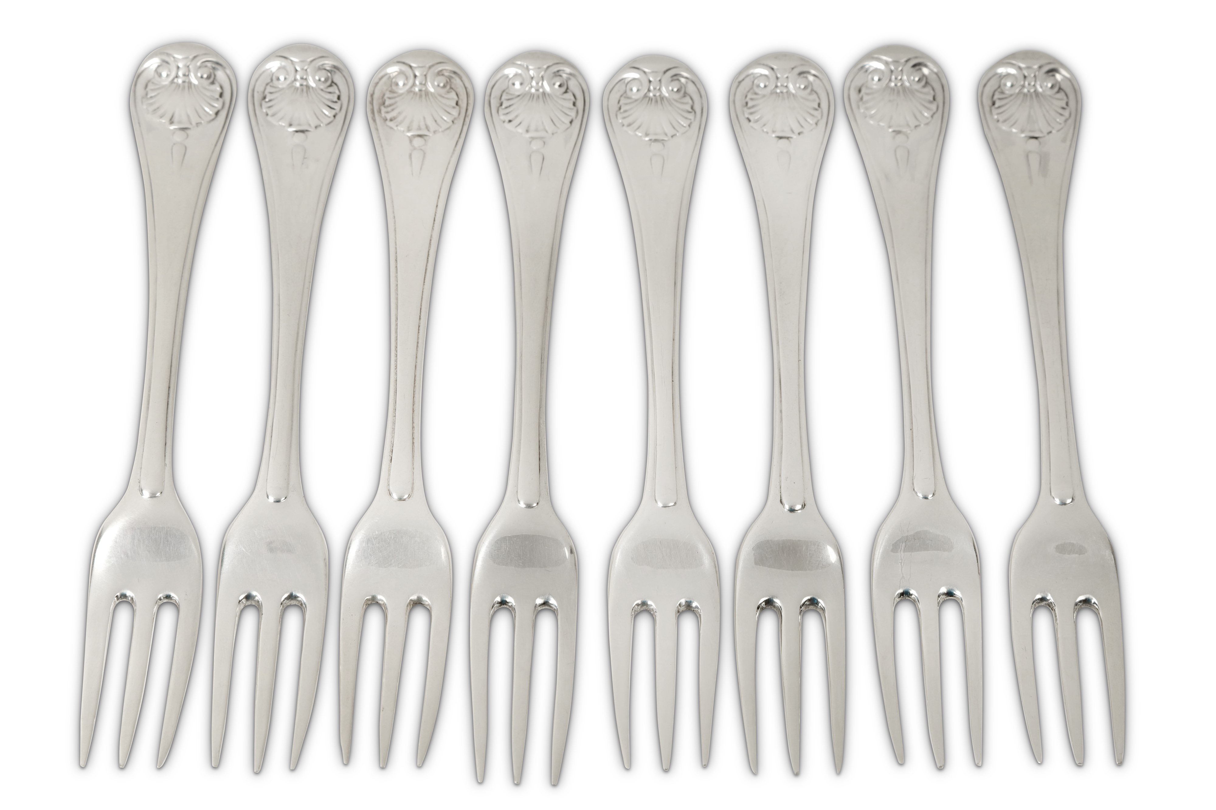 A set of eight George II sterling silver table forks, London 1754, no maker’s mark visible but possi