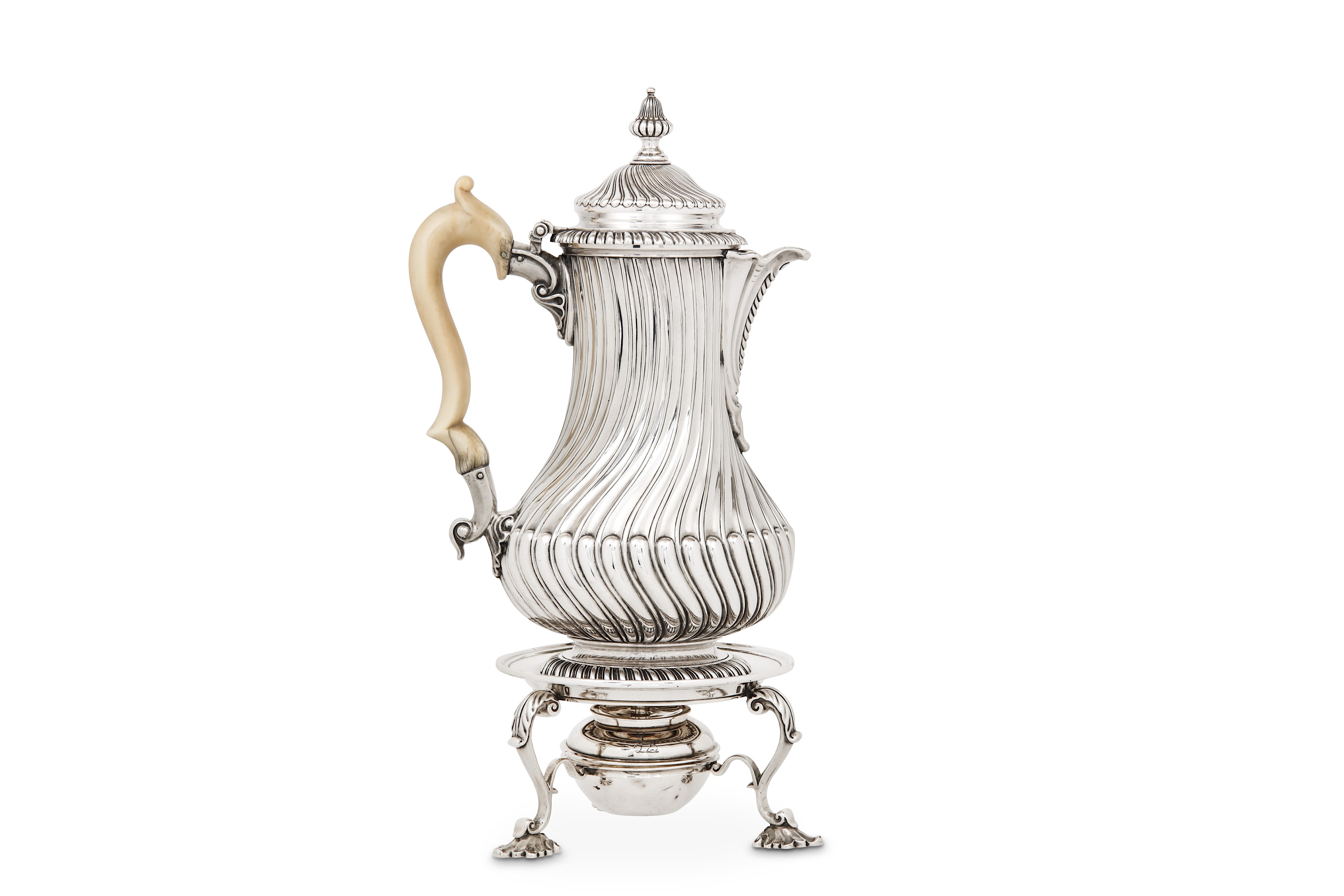 A heavy Victorian sterling silver coffee biggin / pot on burner stand, London 1875 by Robert Garrard