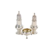 A mixed group of George II – III sterling silver condiment items, including a pepper caster London 1