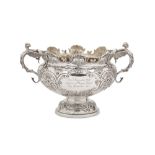 A cased Edwardian sterling silver twin handled punch bowl, London 1903 by Edward Barnards & Sons