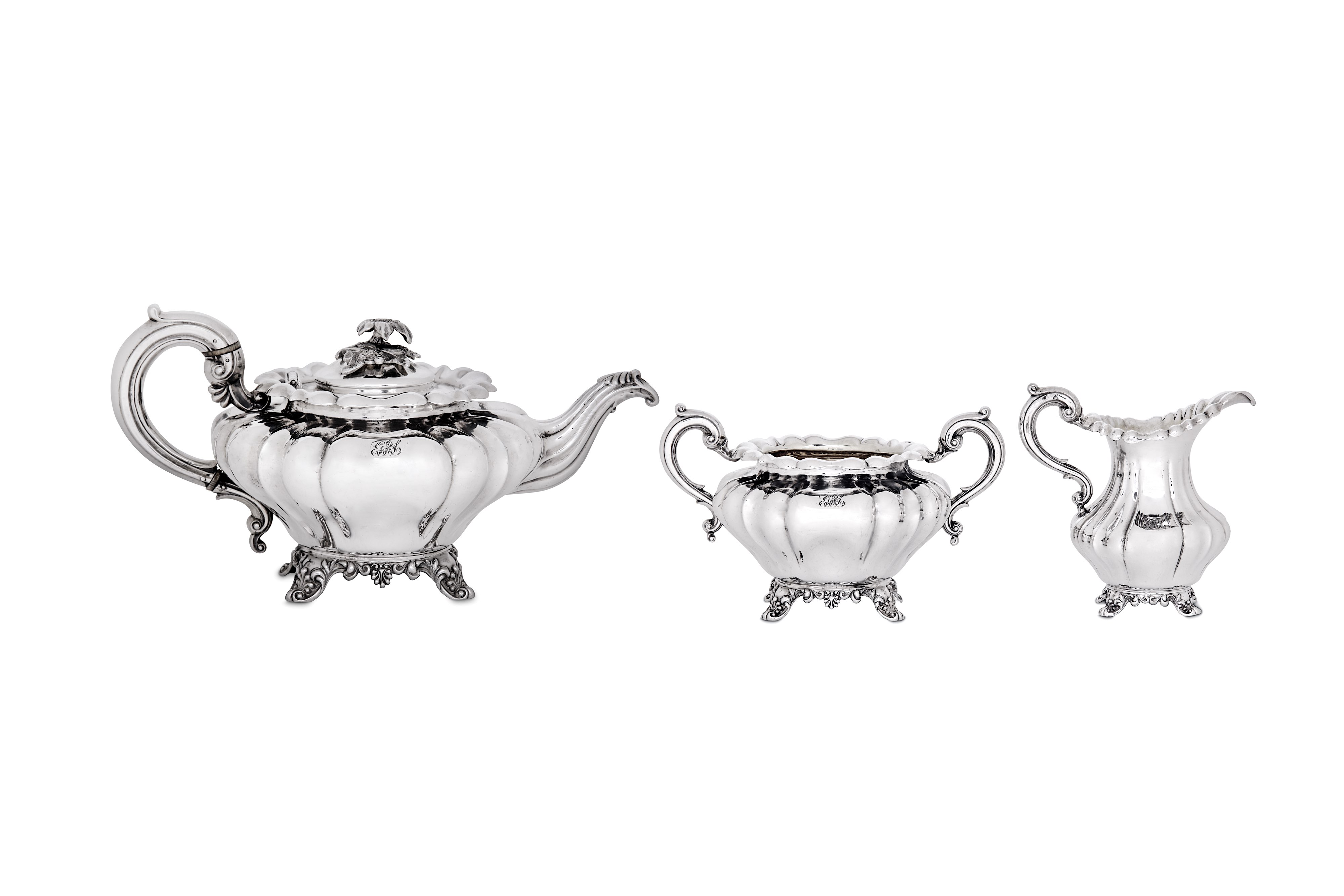 An early Victorian sterling silver three-piece tea service, London 1837 by John James Keith (reg. Ma