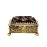 An unmarked silver gilt pin cushion sewing casket, either late 17th or mid-19th century German