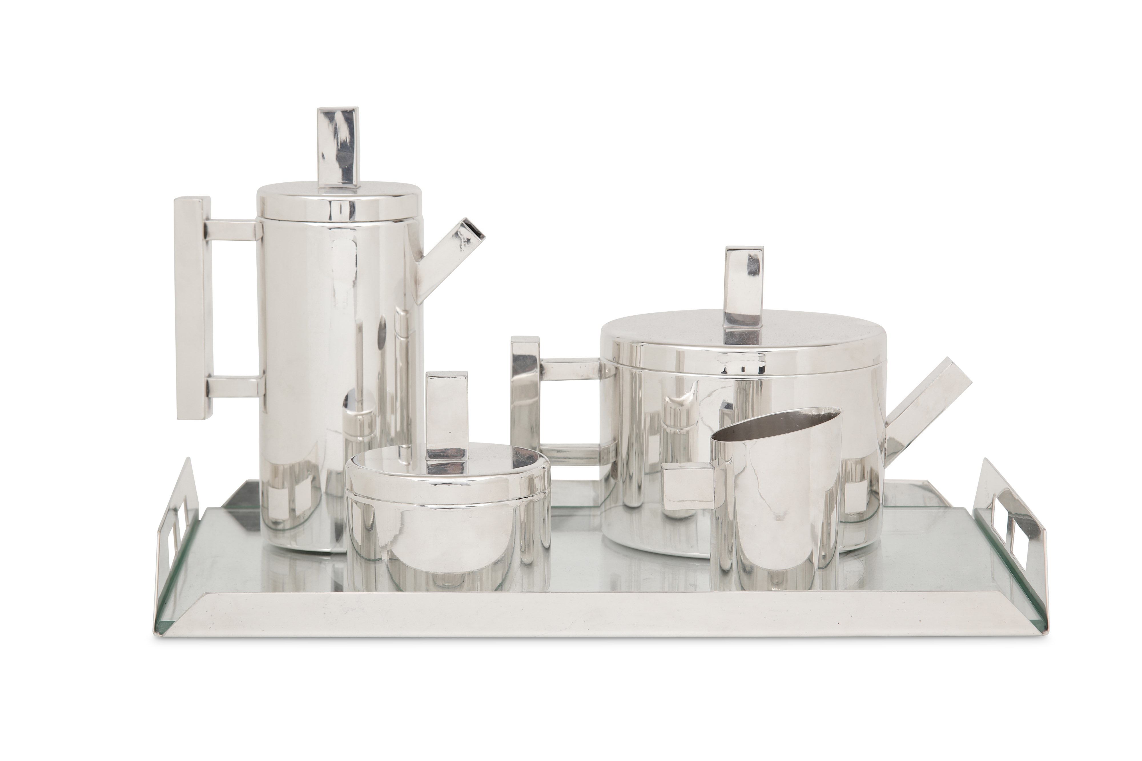 A mid-20th century Italian silver plated (EPNS) modernist four-piece tea and coffee service on tray,