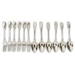 A matched set of George III / Victorian sterling silver dessert flatware, the spoons London 1800 by