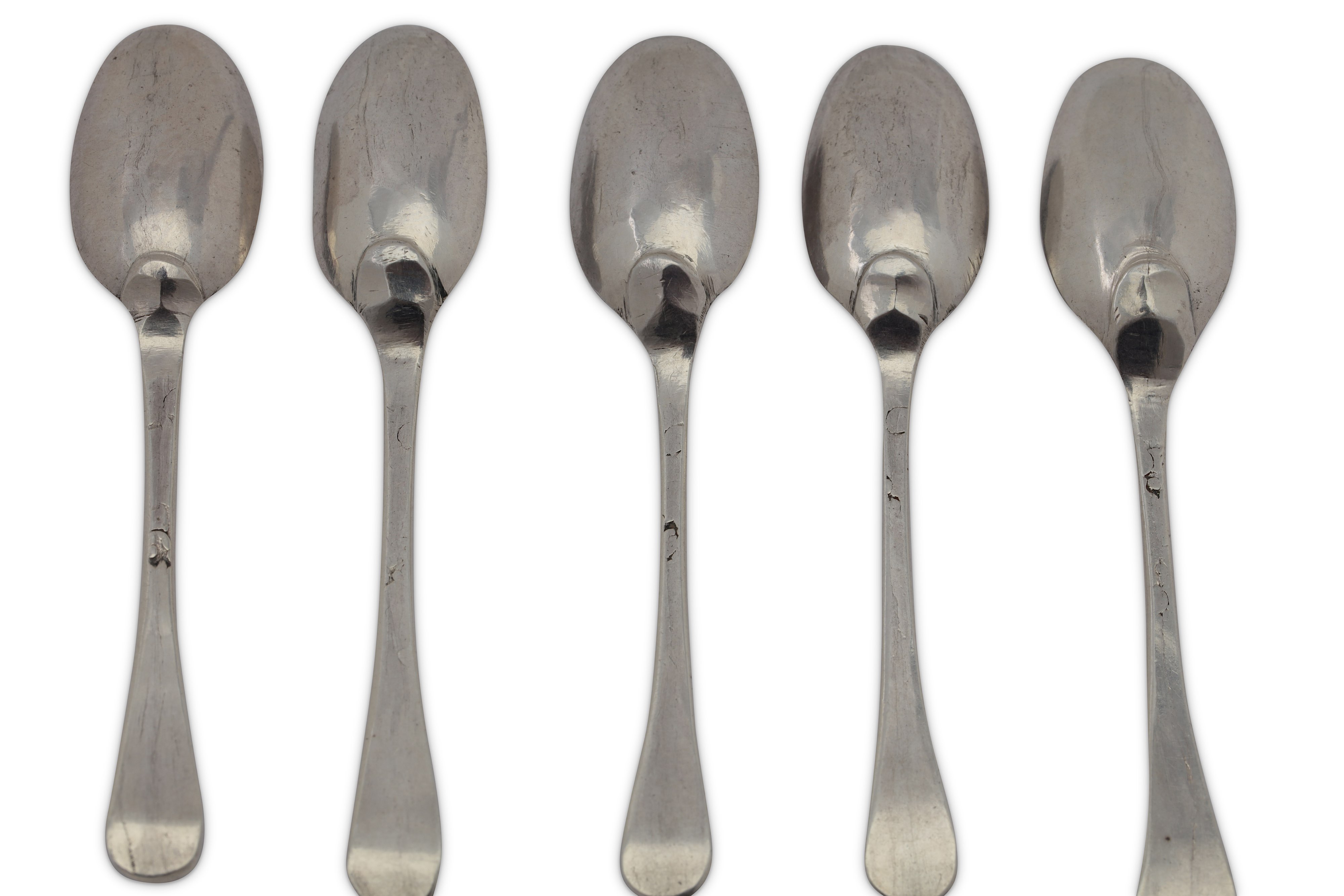 A set of five George II sterling silver salt spoons, London circa 1730-40, makers mark obscured ?.F - Image 2 of 3
