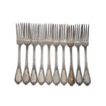 A set of ten Nicholas II Russian (Polish) 84 Zolotnik (875 standard) silver private die table forks,