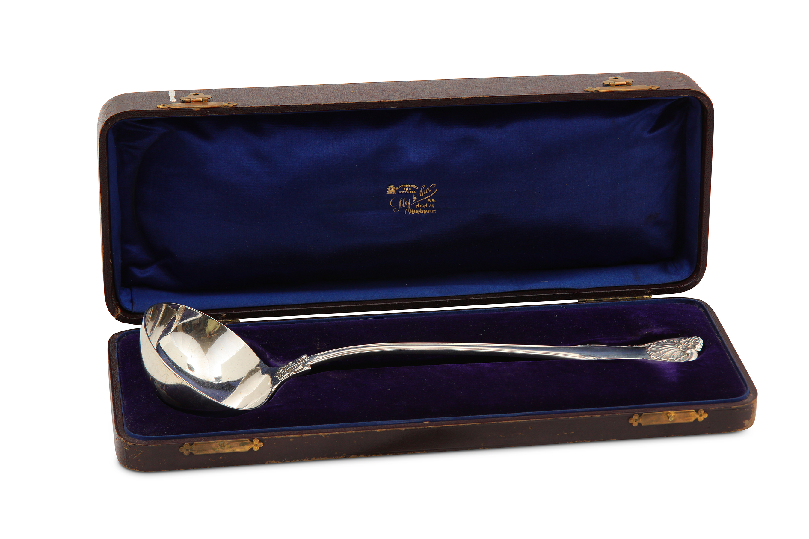 A cased early Victorian sterling silver soup ladle, London 1845 by George Adams of Chawner and Co