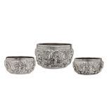 A graduated set of three mid- 20th century Thai unmarked silver bowls, circa 1957
