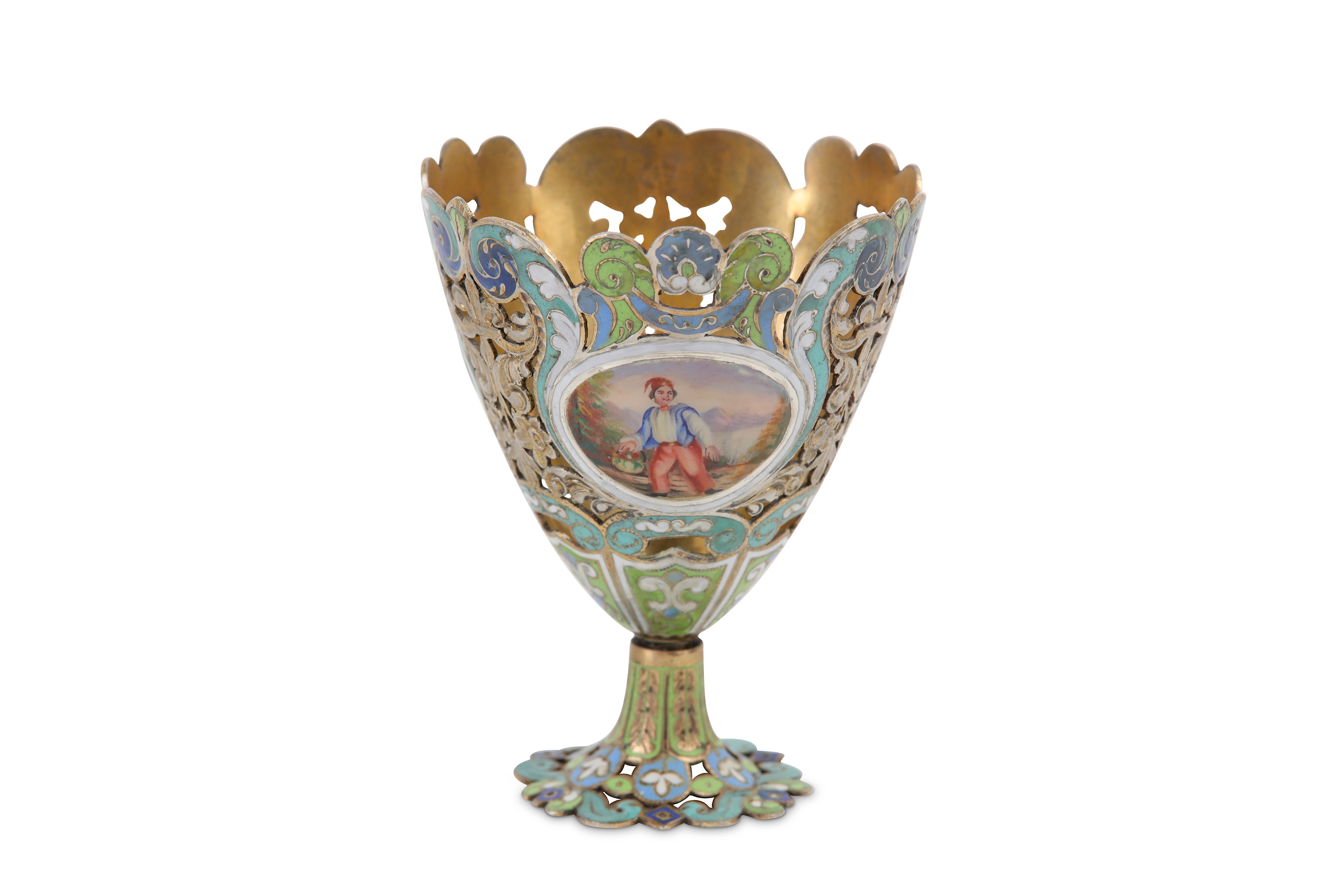 An early 20th century continental unmarked silver-gilt and enamel zarf, possibly Swiss - Image 2 of 3