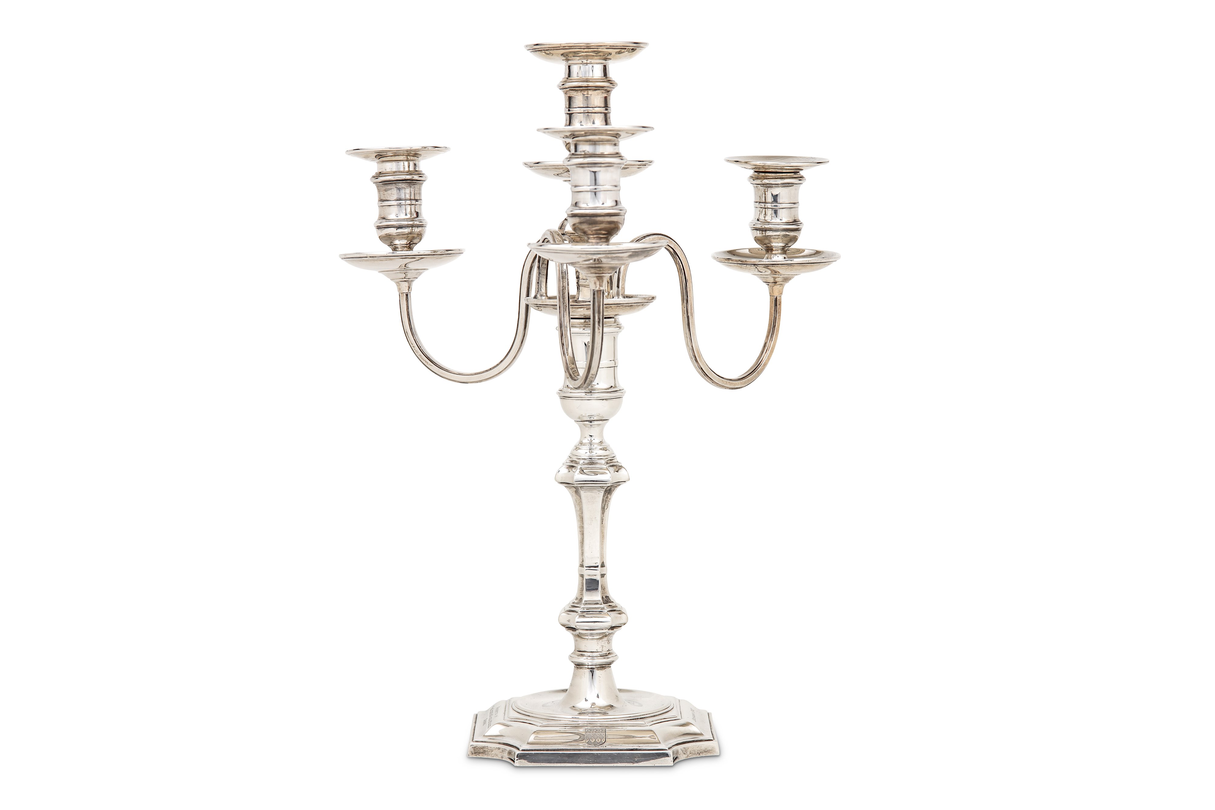 A George V sterling silver four-light candelabrum, London 1909 by Goldsmiths & Silversmiths Company