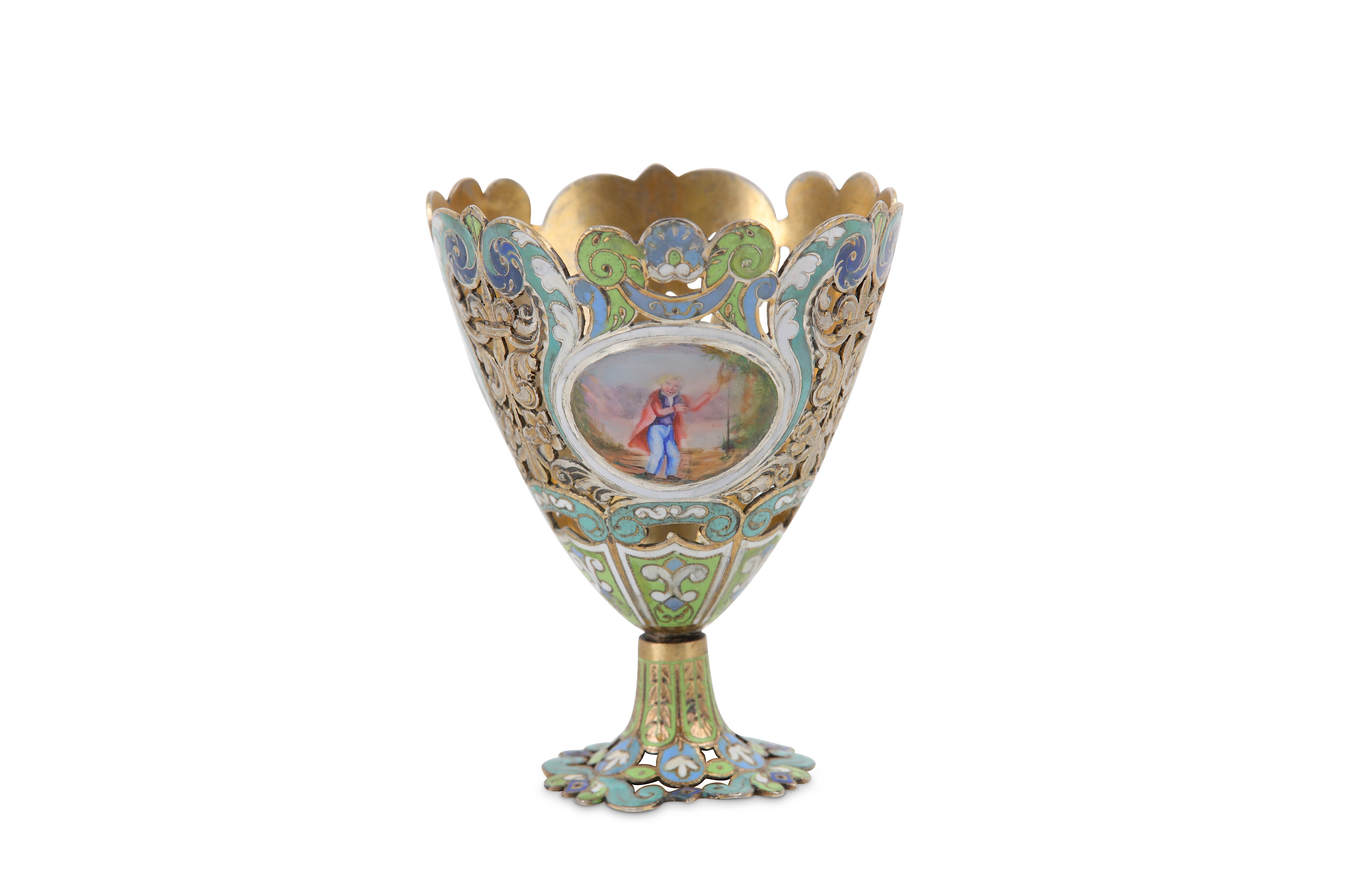 An early 20th century continental unmarked silver-gilt and enamel zarf, possibly Swiss