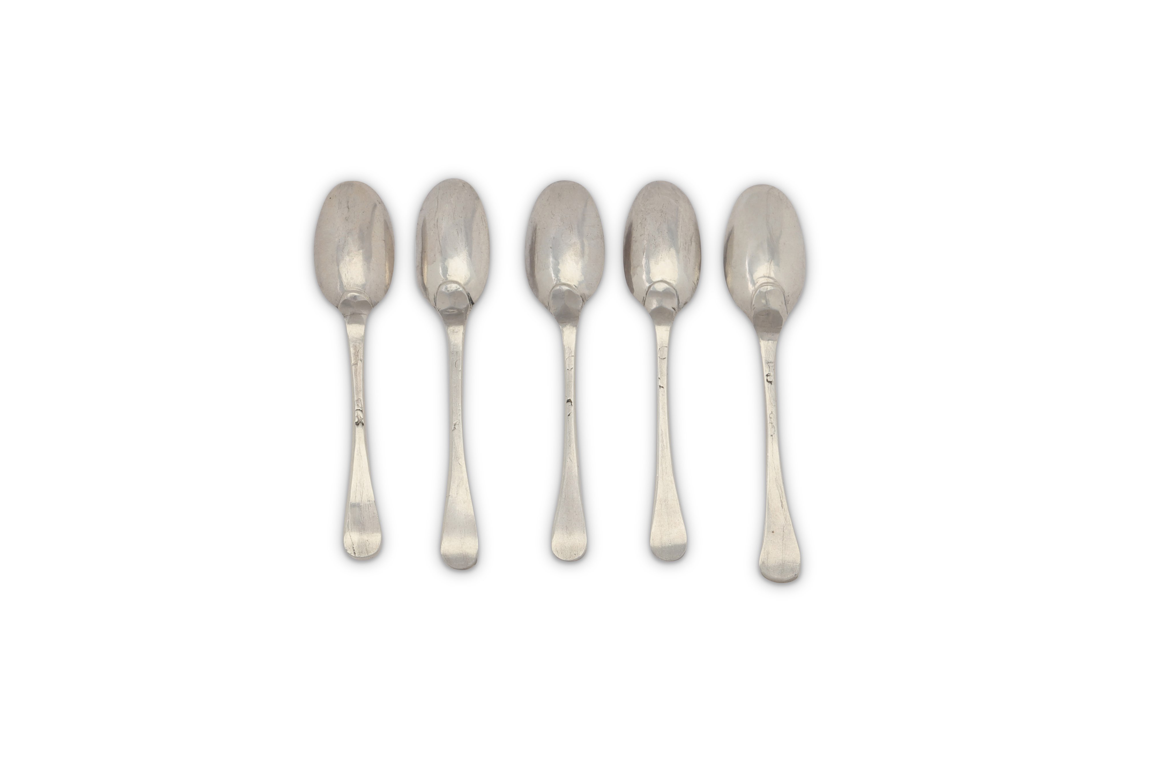 A set of five George II sterling silver salt spoons, London circa 1730-40, makers mark obscured ?.F