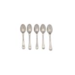 A set of five George II sterling silver salt spoons, London circa 1730-40, makers mark obscured ?.F