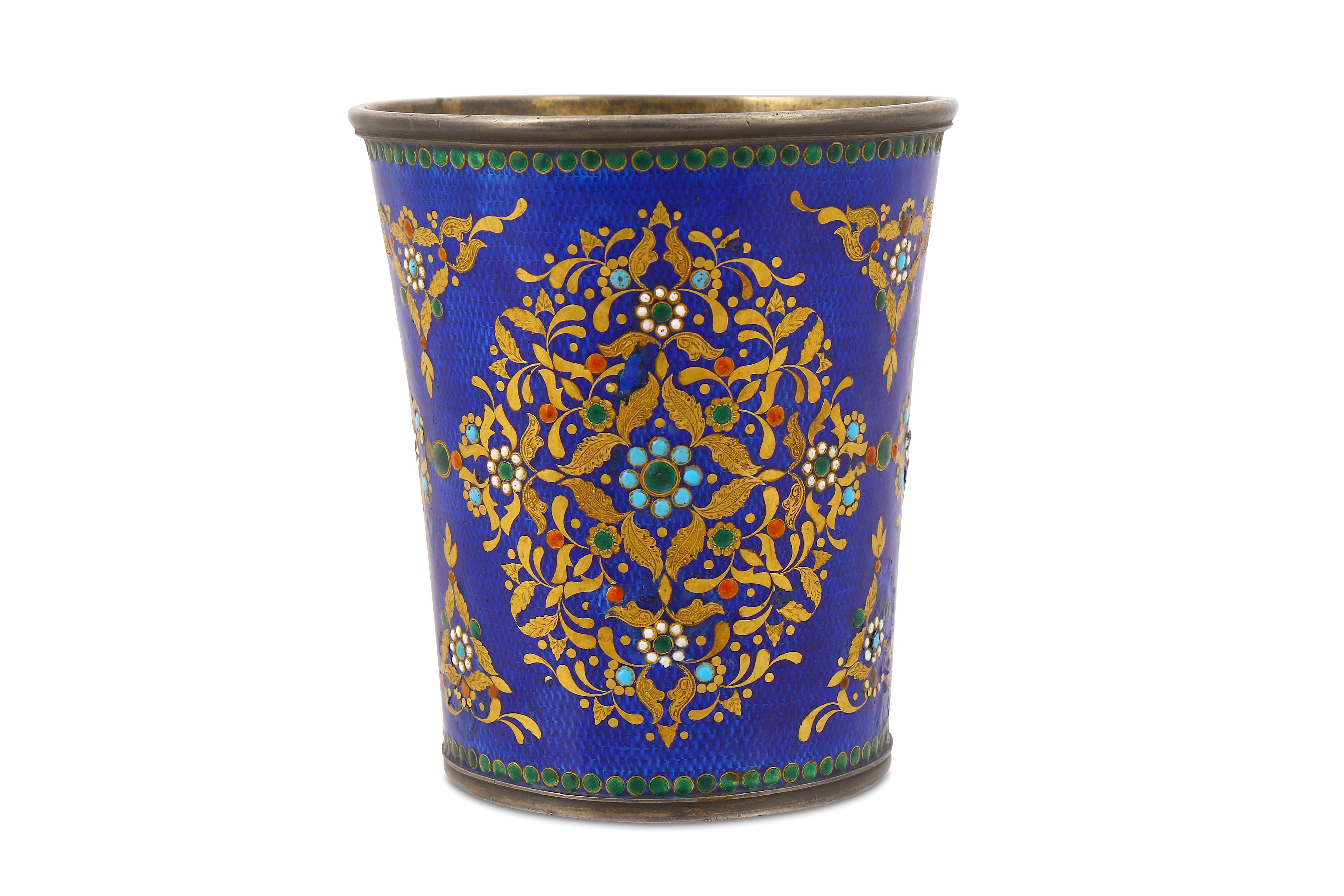 A TALL ENAMELLED SILVER CUP