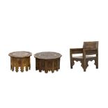 A MOORISH-REVIVAL ARMCHAIR AND TWO MATCHING LOW TABLES
