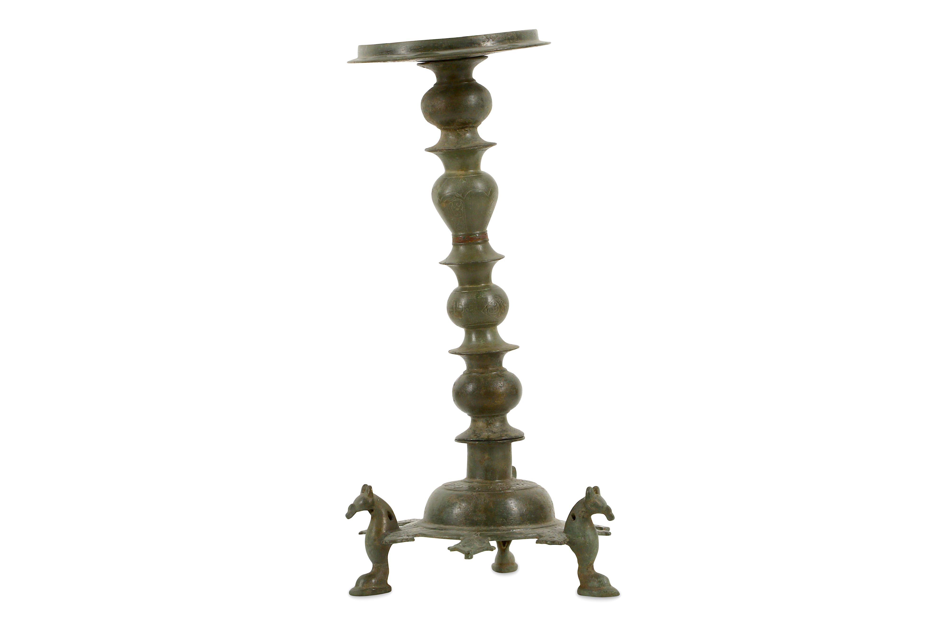 A BRONZE THREE-FOOTED OIL LAMP STAND - Image 2 of 8