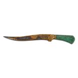 A GREEN HARDSTONE-HILTED GOLD-DAMASCENED DAGGER (KHANJAR)