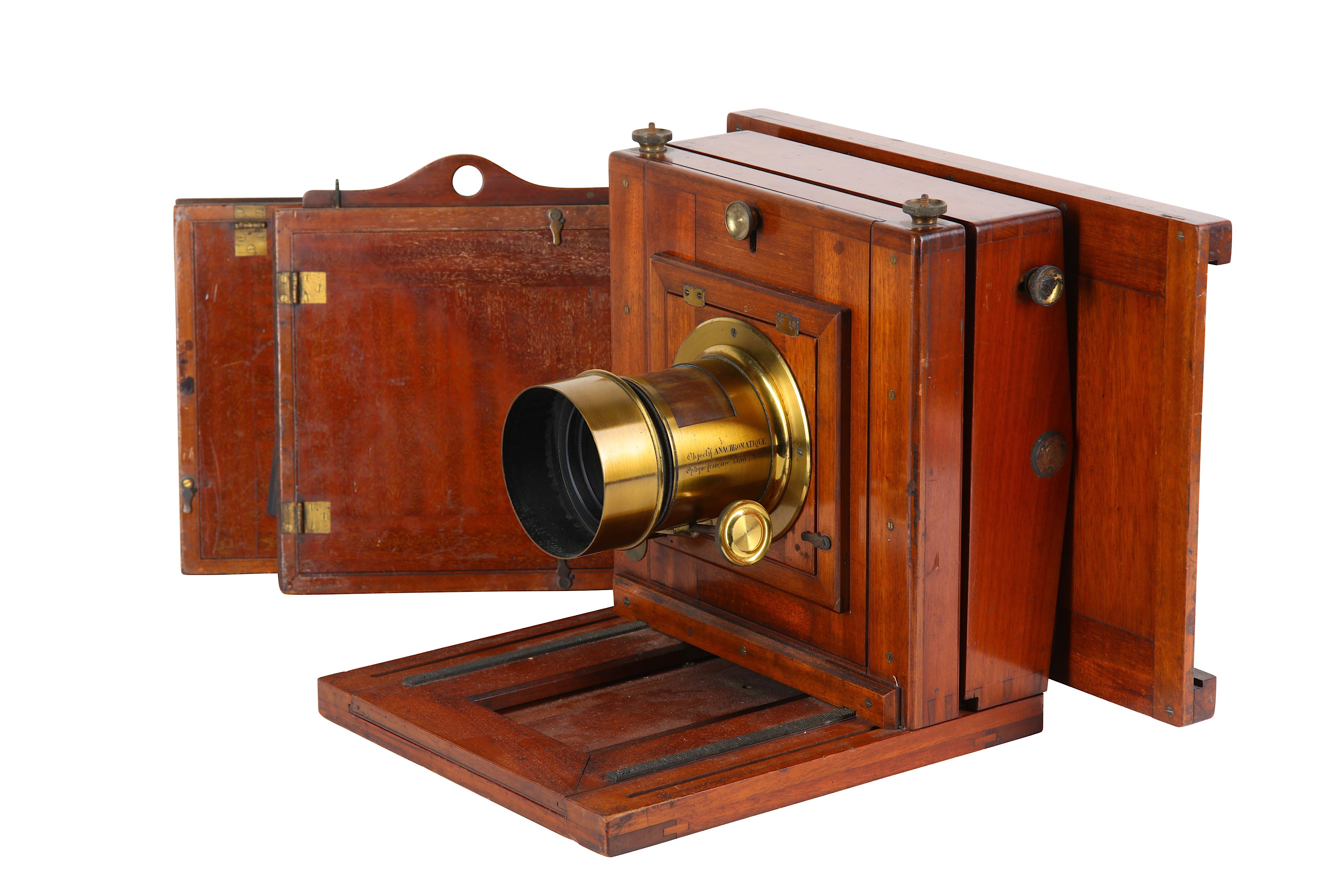 A Whole Plate Mahogany Studio Camera with Anachromatic Brass Lens