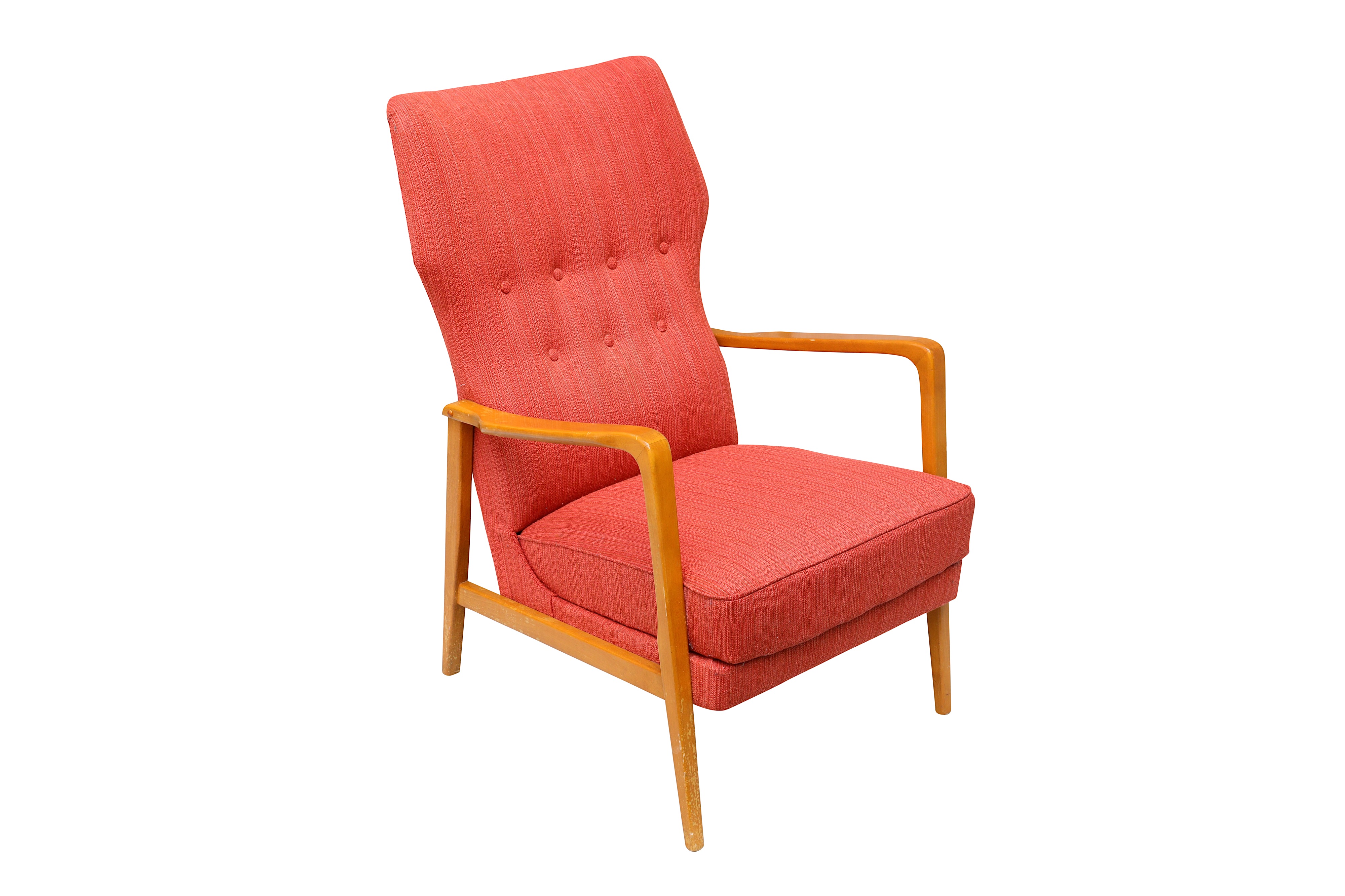 SWEDEN: An Armchair, c.1960, beech frame, pink buttoned upholstery