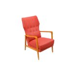 SWEDEN: An Armchair, c.1960, beech frame, pink buttoned upholstery