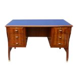 ITALY: A desk, 1940s, kingwood, kingwood parquetry, blue baize, glass and brass