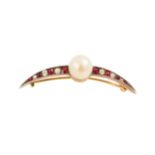 A cultured pearl, ruby and diamond crescent brooch