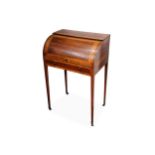 An Edwardian inlaid satinwood and mahogany cylinder front bureau,