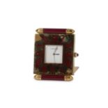 A Cartier lacquered brass and burgundy mounted travel clock