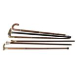 Six novelty walking sticks, two with drinking flasks,
