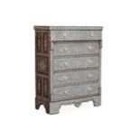 A mother-of-pearl, ivory and bone-inlaid chest of five long rectangular drawers