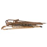 A quantity of novelty Alpine walking sticks, each adorned with metal badges,