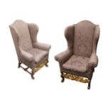 A pair of William and Mary style wing back armchairs