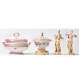 Two porcelain tureens and two figures