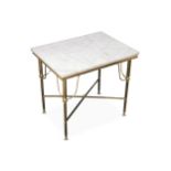 A small white marble topped rectangular side table
