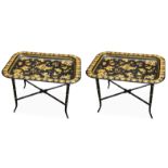 A pair of ebonised and parcel gilt tray top occasional tables