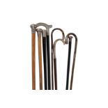 Seven walking sticks with silver handles or collars,