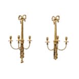 A pair of 19th century style gilt wood, three branch wall lights