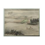 A Chinese landscape painting mounted on a hanging scroll