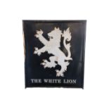 A large black painted wooden 'White Lion' pub sign